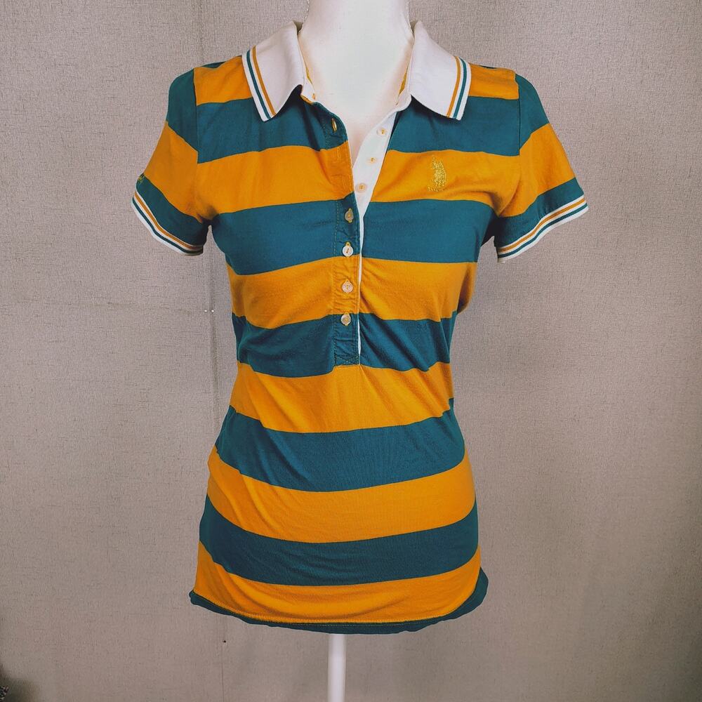 U.S. Polo Assn Womens M Striped Polo Shirt Teal Gold Rugby Preppy 100% Cotton